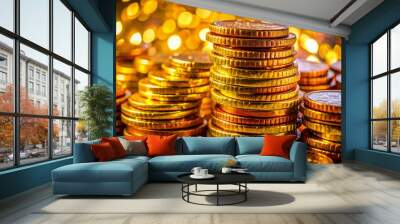 Delicious chocolate coins stacked with a shiny surface, perfect for festive celebrations and gifts Wall mural