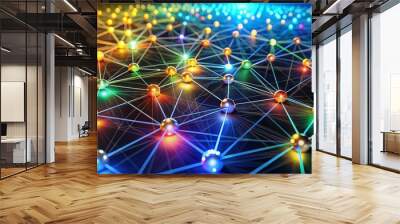 Diverse group of connected nodes form a vibrant, illuminated network, symbolizing unity, cooperation, and exchange of ideas within a dynamic, supportive community structure. Wall mural