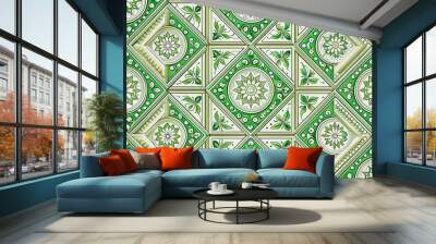 Elegant white seamless pattern featuring a trendy ceiling tile design with a bold green Art Deco-inspired backdrop, showcasing vintage bohemian geometric folk patterns. Wall mural