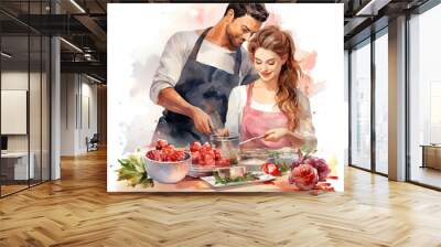 Happy couple cooking healthy salad together in cozy kitchen, sharing love and laughter while enjoying homemade meal Wall mural