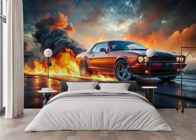 High-performance sports car wheels spinning, kicking up smoke and flames, doing a burnout on a dark asphalt road, with muscle cars parked in the background. Wall mural