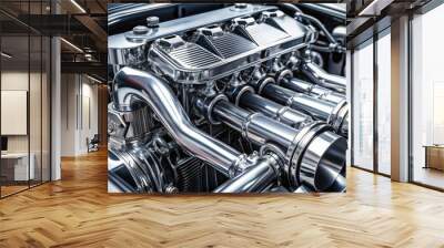 High-performance supercharged engine with chromed pipe and bolted turbine, surrounded by gleaming metal components, exuding power and sophistication in a sleek machine. Wall mural