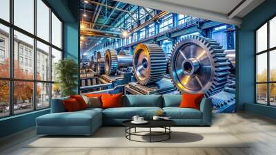 Industrial steel manufacturing facility machinery in action, showcasing powerful gears and mechanical components at work, symbolizing modern technology and industrial strength. Wall mural