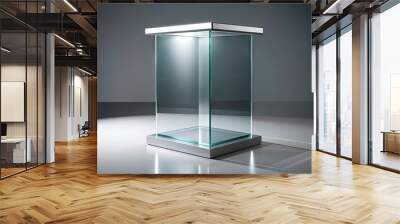 Isolated pedestal with transparent glass or acrylic top and reflective surface, providing a sleek and modern display platform for showcasing products or art pieces. Wall mural