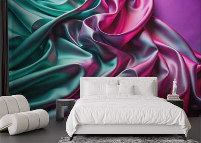 Luxurious pink turquoise silk satin fabric with gradient wavy folds, shiny surface, and stunning purple teal background providing ample space for design elements. Wall mural