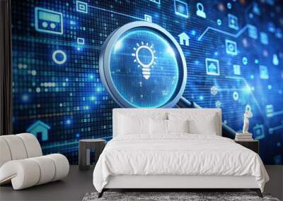 Magnifying glass icon on a digital screen surrounded by tiny text and symbols, representing online search and information retrieval on the internet. Wall mural