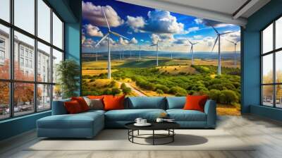 Majestic wind turbines stretch towards the sky, harnessing the power of nature in a vast, rolling Texas hill country landscape under a bright blue sky. Wall mural