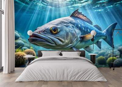 Mesmerizing Wolf Fish Swimming Gracefully in Crystal Clear Waters of the Ocean Depths Wall mural