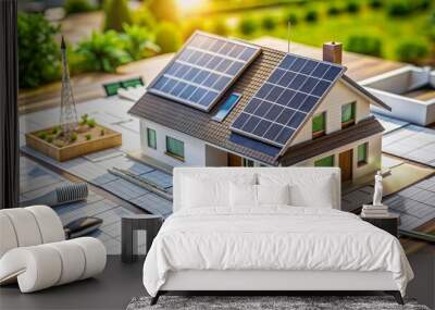 Model of modern house with solar panels on desk, surrounded by architectural drawings and calculators, for efficient energy planning. Wall mural