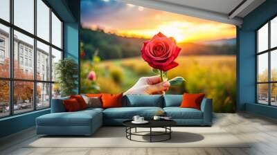 Romantic gesture with a beautiful rose held delicately in hand against a soft blurred background Wall mural