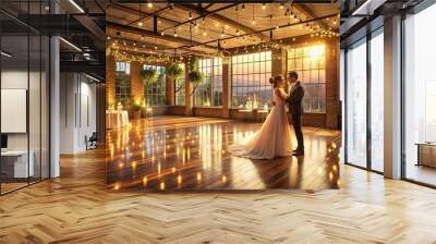 Romantic studio setting captures the essence of a wedding celebration, with a beautiful empty dance floor illuminated by warm backlighting, awaiting the happy couple's first dance. Wall mural