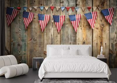 Rustic wooden planks with distressed American flags and red, white, and blue decorations create a vintage, patriotic background perfect for Fourth of July celebrations. Wall mural