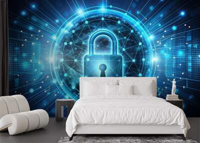 Secure virtual interface with encryption padlock icon protects personal information, ensuring global network security through advanced technology and strong data safeguards. Wall mural