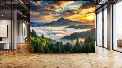 Serene 4K HD background image of a majestic mountain range at sunset, with lush green forest and misty clouds surrounded by a tranquil atmosphere. Wall mural