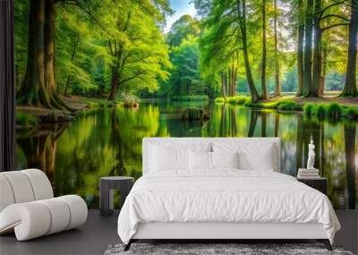 Serene forest landscape featuring a tranquil pond's mirrored reflection of lush green trees, surrounded by vibrant Wall mural