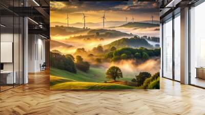 Serene misty morning landscape featuring wind turbines standing tall amidst rolling hills, bathed in soft golden light, with lush green vegetation and foggy atmosphere. Wall mural