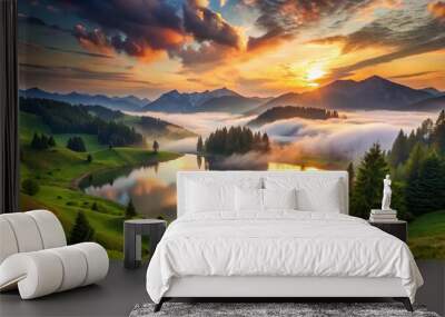 Serene mountain landscape with misty fog rolling over lush green hills, meeting the horizon where a tranquil lake reflects the vibrant colors of a breathtaking sunset. Wall mural