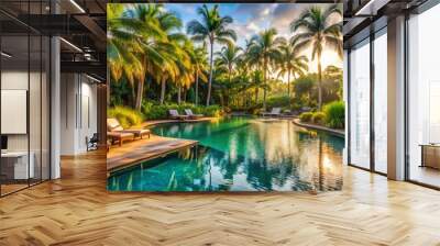 Serene resort pool surrounded by lush greenery and palm trees, with a few lounge chairs and a tranquil water feature in the background. Wall mural