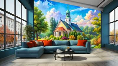 Serene Watercolor Painting of a Beautiful Church Surrounded by Lush Greenery and Blue Sky Wall mural