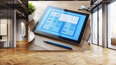 Sleek blue digital tablet displays a wireframe website prototype with icons and menus, surrounded by design elements and notes on a minimalist office desk background. Wall mural