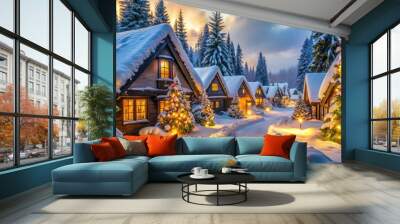 Snow-covered cottages, festively decorated with garlands and candles, line the streets of a quaint winter wonderland village, surrounded by snow-laden evergreen trees and misty morning fog. Wall mural