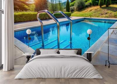 Sparkling blue swimming pool with stainless steel ladder and grab bars, featuring a staircase with handrail, inviting a refreshing dive on a sunny day. Wall mural