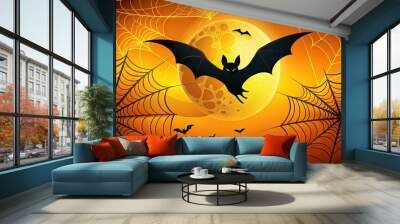 Spooky black bat silhouette swoops across a vibrant orange and yellow gradient background with intricate illustrated spider webs and crescent moon, perfect for Halloween designs. Wall mural