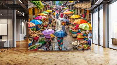 Street Scene Of A Busy Market In Denpasar With Colorful Umbrellas And Traditional Indonesian Food Stalls. Wall mural