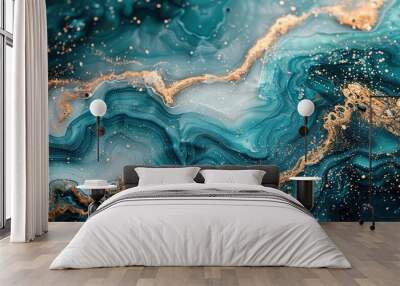 Teal and gold fluid art painting. Wall mural