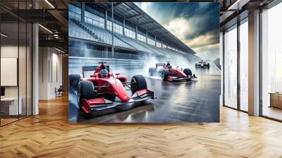 Two sleek racing cars, one red and one silver, speed past an empty grandstand on a damp track, wheels spraying water and tires scorching the asphalt. Wall mural