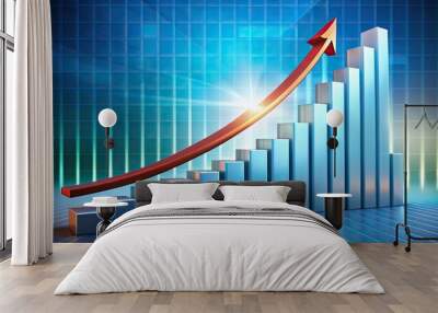 Upward trending 3d bar graph with arrow soaring above, symbolizing exponential financial growth, revenue increase, and profitable success in a thriving market environment. Wall mural