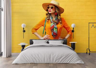 Vibrant, eclectic outfit featuring a bright orange jumpsuit with flared legs, paired with a matching fedora and layered with colorful, patterned scarves and chunky jewelry. Wall mural