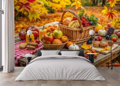 Vibrant autumn leaves surround a rustic picnic table setting, adorned with a colorful spread of fresh fruits, vegetables, and whole grain bread, evoking warm feelings of friendship. Wall mural