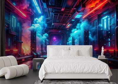 Vibrant blue and red lights illuminate a dark, smoke-filled space with a futuristic, cyberpunk-inspired background, evoking a sense of high-tech drama and mystery. Wall mural