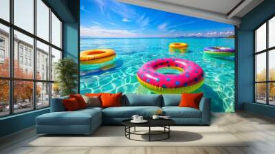 Vibrant colorful inflatable swimming rings floating on calm turquoise water against a clear blue summer sky with few calm waves. Wall mural