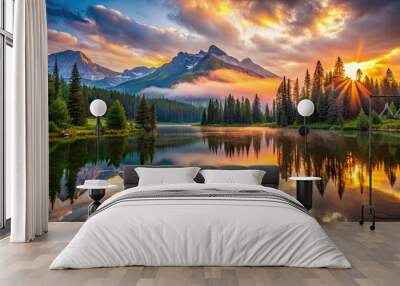 Vibrant colors of sunset rays illuminate serene mountain peaks, misty forests, and tranquil lake reflections. Wall mural