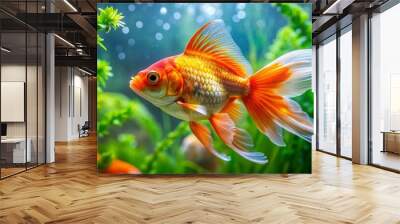 Vibrant Goldfish Swimming Gracefully in a Clear Aquarium Filled with Lush Green Plants and Decor Wall mural