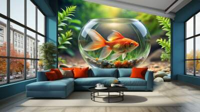 Vibrant Goldfish Swimming Gracefully in a Crystal Clear Bowl with Lush Green Plants and Pebbles Wall mural