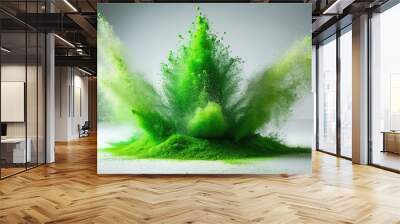 Vibrant green sand grains erupt in a mesmerizing explosion, frozen in mid-air against a stark white background, capturing the dynamic motion of tiny particles in perfect suspension. Wall mural