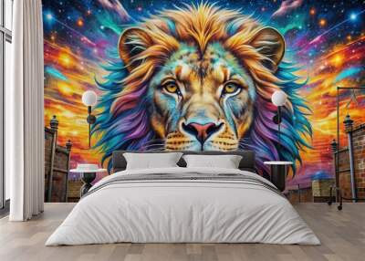 Vibrant mural of a majestic lion's face blends into a stunning galaxy of stars and nebulas, merging urban street art with cosmic wildlife wonder. Wall mural