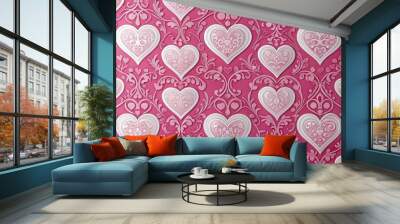 Vibrant pink and white heart-shaped patterns cover a whimsical textured wallpaper, perfect for adding a touch of playfulness and romance to any interior design. Wall mural