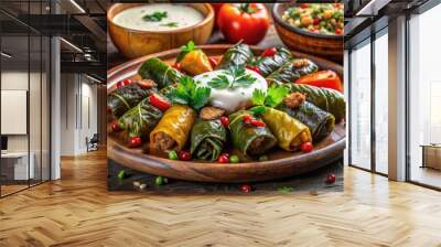 Vibrant Turkish dolma, filled with savory rice and meat, wrapped in fresh vegetables, served with creamy yoghurt sauce on a rustic Istanbul restaurant table. Wall mural