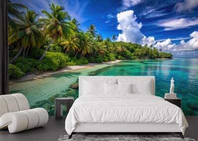 Vibrant turquoise lagoon waters gently lap against the powdery white sand shore of a secluded tropical island, surrounded by lush green palm trees and coral reefs. Wall mural