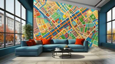 Vibrant urban map shows intricate street networks, highways, landmarks, and neighborhoods, providing a detailed view of city infrastructure for planning or navigation purposes. Wall mural