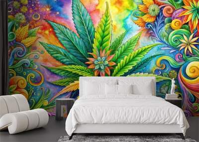 Vibrant watercolor painting of a blooming marijuana plant surrounded by swirling patterns and colorful flowers, blending nature and creativity in a psychedelic art piece. Wall mural