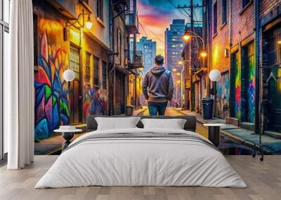 Warmly lit urban street scene featuring a solitary figure in casual attire walking with purpose, with vibrant graffiti and colorful buildings in the background. Wall mural