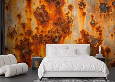 Weathered rusty metal surface with brown stains, dirt, and corrosion, featuring a flow blot abstract pattern, evoking danger and impurity on a dirty, textured background. Wall mural