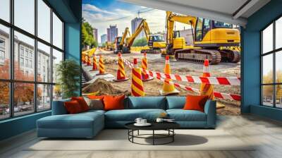 Yellow caution tapes and safety cones surround construction site with excavators and heavy machinery, emphasizing importance of protective measures during repair and building operations. Wall mural