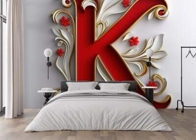 Elegant Red and Gold Letter K with Floral Design Wall mural