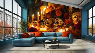 Festive Display of Colorful Skulls and Candles Wall mural